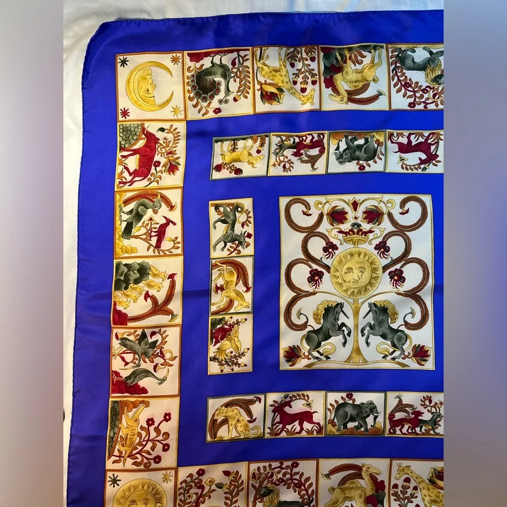 Christian Dior Silk Scarf Vtg Tree of Life Unicorn Animals Sun Moon HR 34 x 34